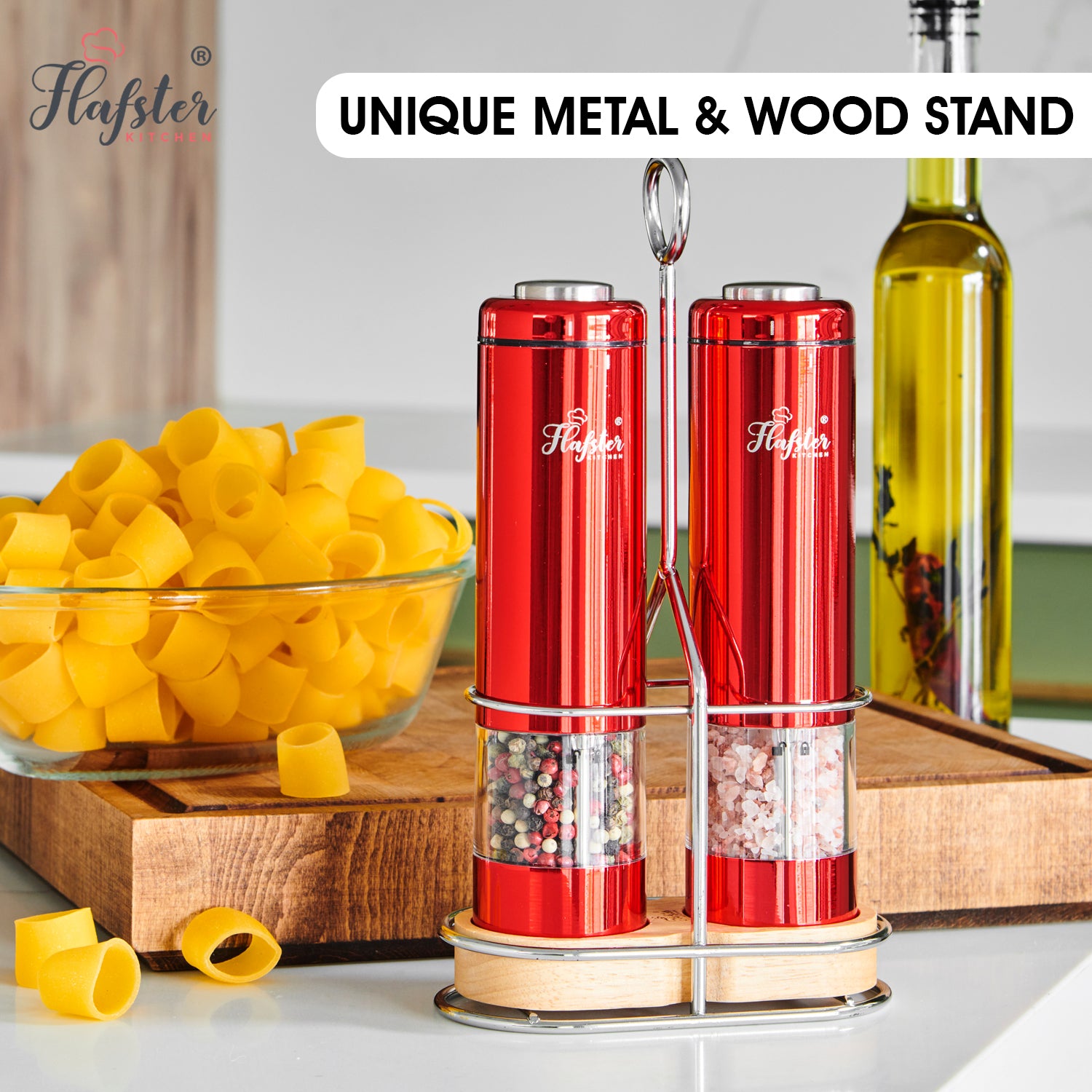 Flafster Kitchen Battery Operated Salt and Pepper Grinder Set - Electric Stainless Steel